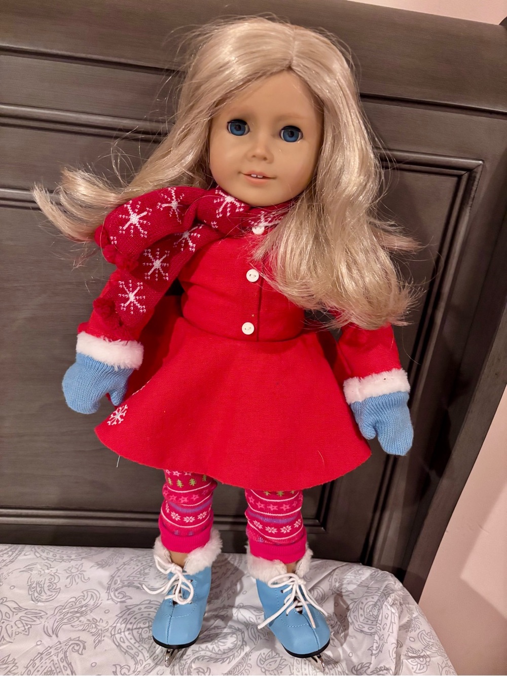 American Girl Red Holiday Dress with Blue Mittens and Skates
